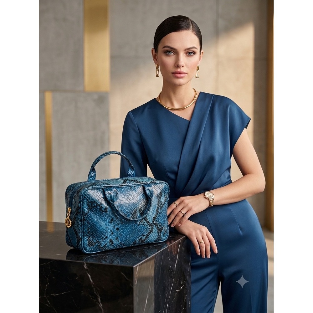 Estee Lauder Blue Snakeskin Embossed Cosmetic Bag‎ Travel Vanity Case Zip Pouch